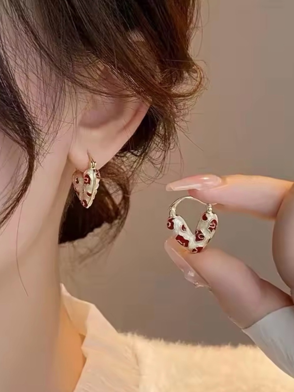 Gold Heart Hoop Earrings with Red and Pearl Enamel Accent - Picture 3 of 7